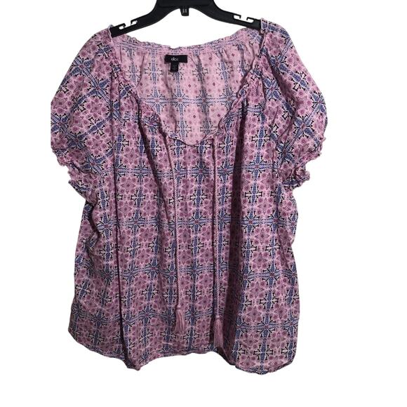 Ellos Blouse 1x Pink Blue Paisley Peasant Boho Top Tassles Ruffled Trim Cotton - Picture 1 of 5